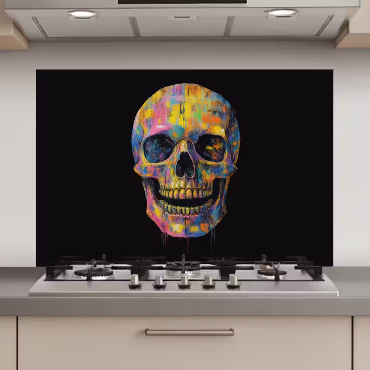 Spatscherm keuken - Penseelstreken - Schedel - Kleurrijk - Abstract — 1