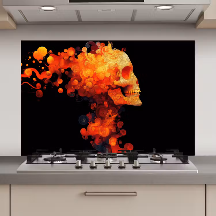 Spatscherm keuken - Schedel - Oranje - Zijaanzicht - Vlammen — 1