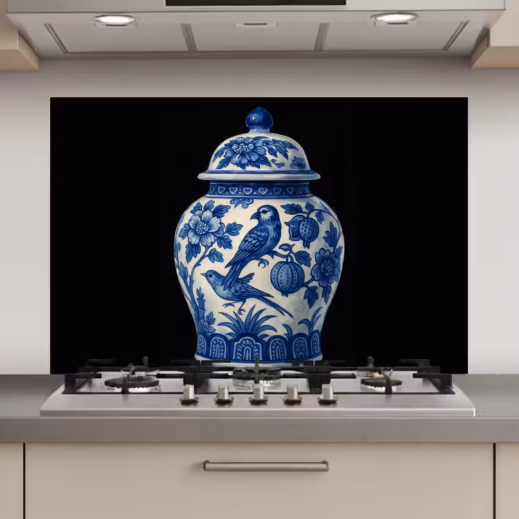 Spatscherm keuken - Pot - Delfts Blauw - Bloemen — 1