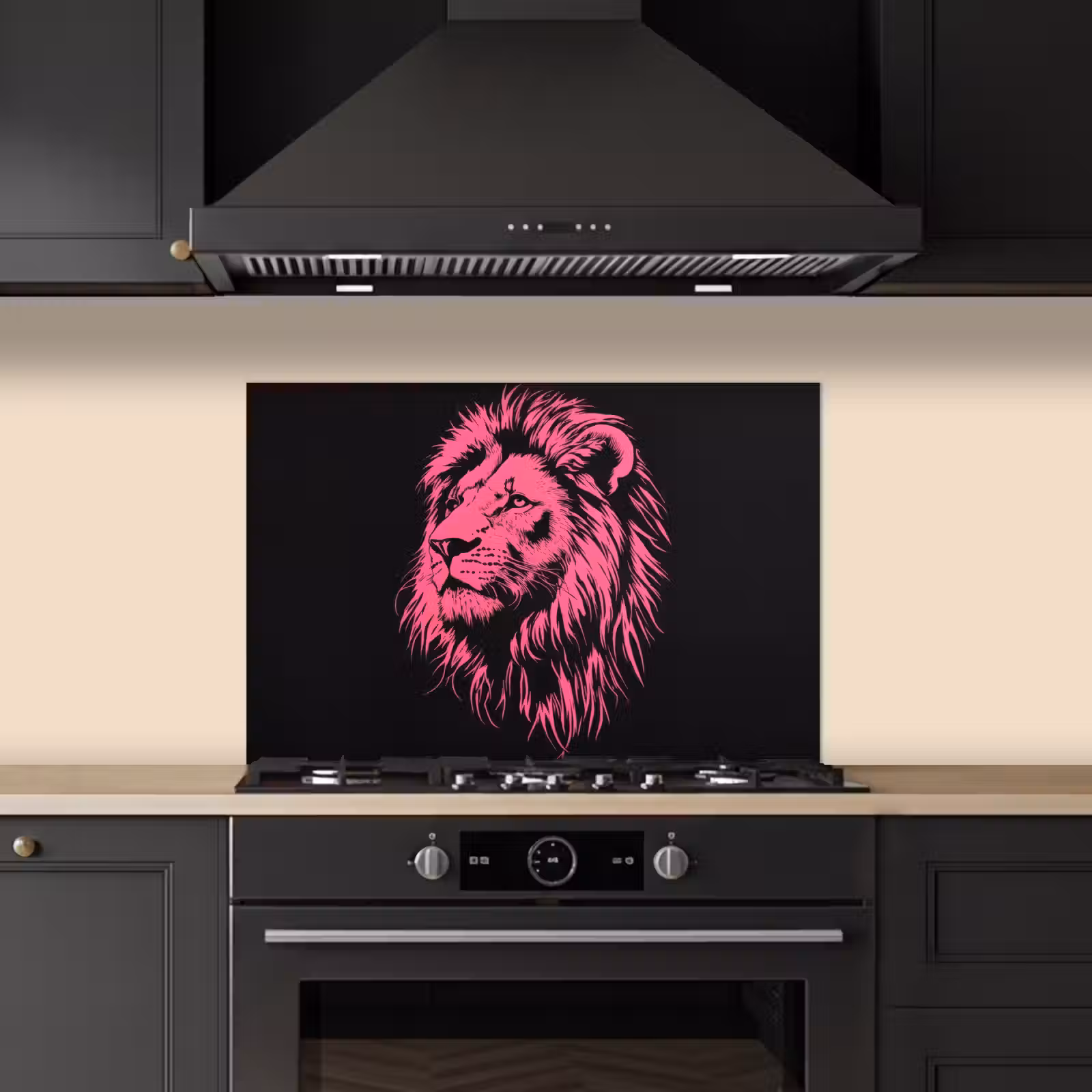 Spatscherm keuken - Leeuw - Zwart - Roze - Neon — 1