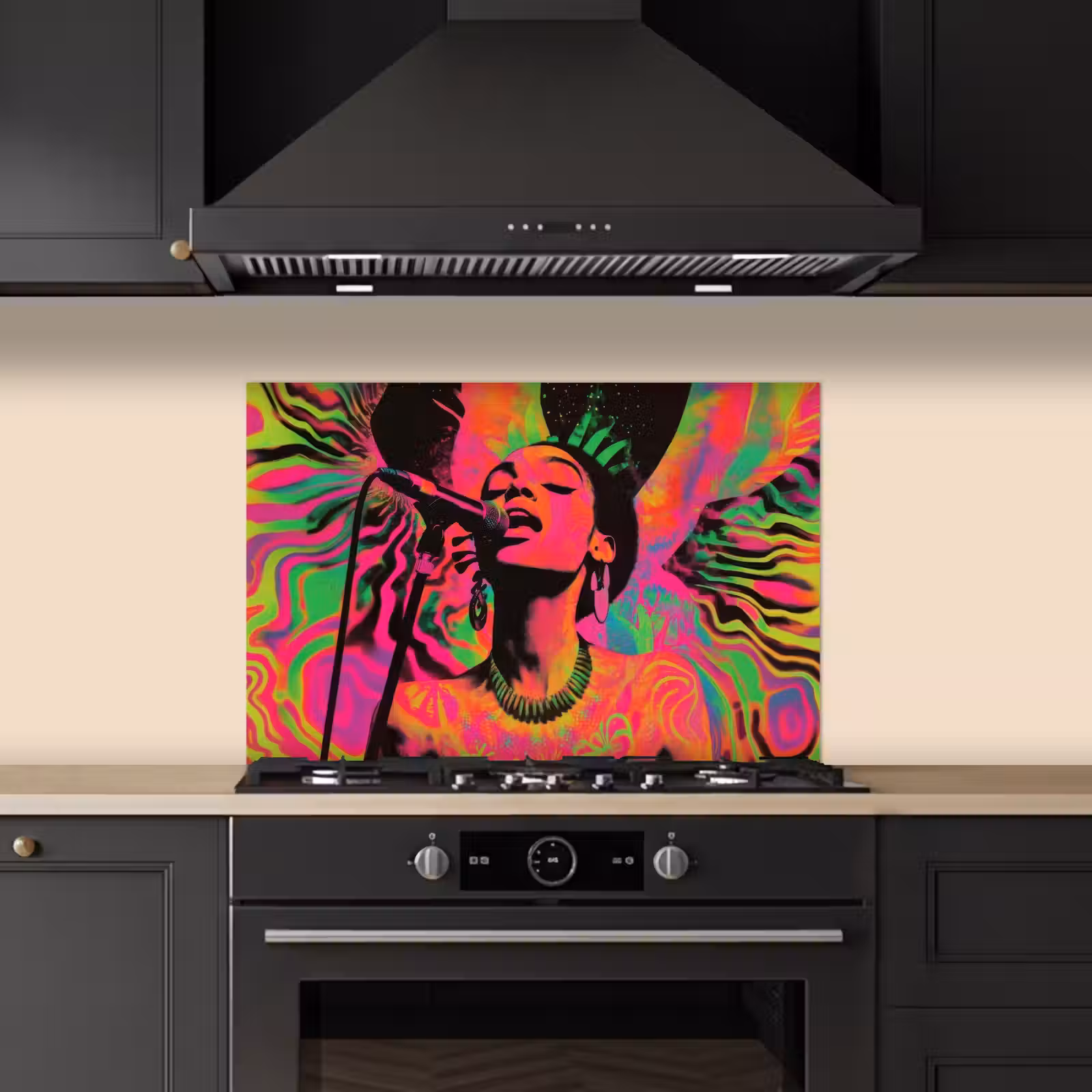 Spatscherm keuken - Neon - Vrouw - Microfoon — 1