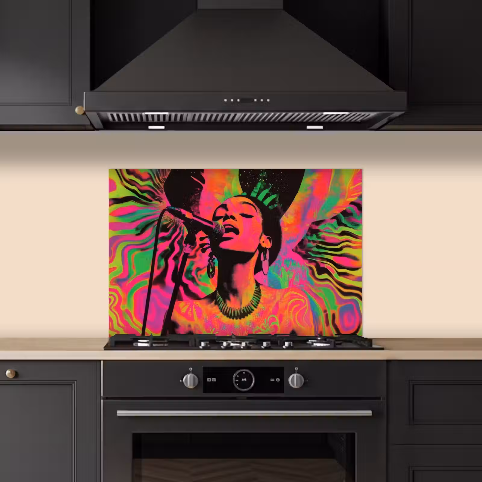 Spatscherm keuken - Vrouw - Microfoon - Neon — 1