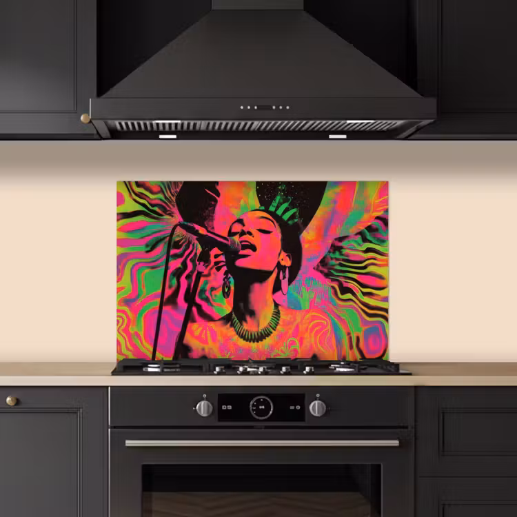 Spatscherm keuken - Neon - Vrouw - Microfoon — 1
