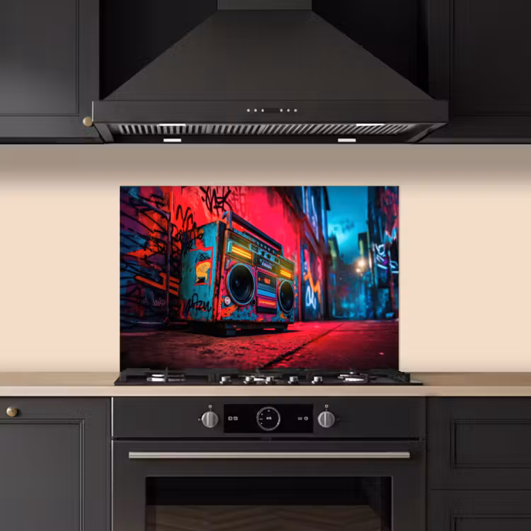 Spatscherm keuken - Boombox - Rood - Graffiti - Neon — 1