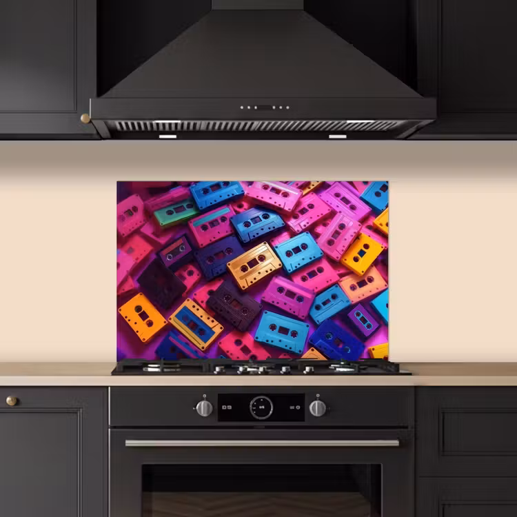 Spatscherm keuken - Cassetteband - Kleurrijk - Energiek — 1