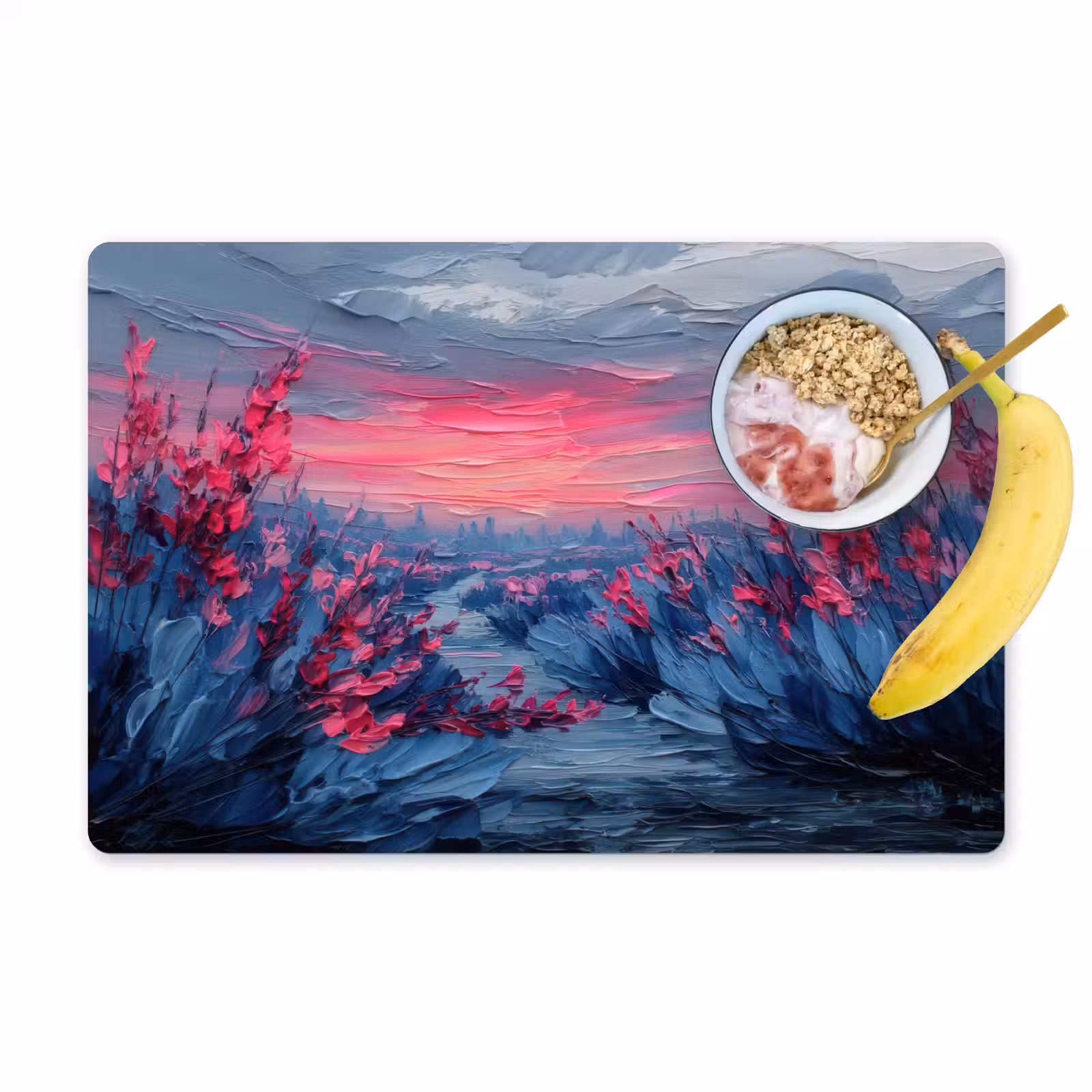 Placemat - 6 stuks - Schilderij - Zonsondergang - Bloemen - Rivier — 1