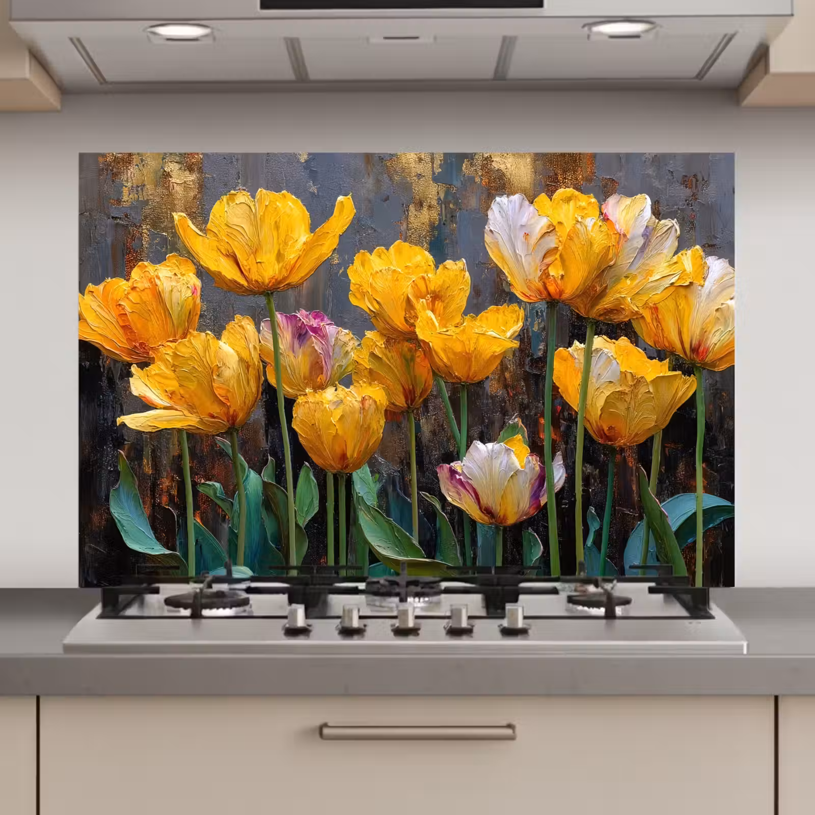 Spatscherm keuken - Tulpen - Geel - Penseelstreken - Abstract — 1
