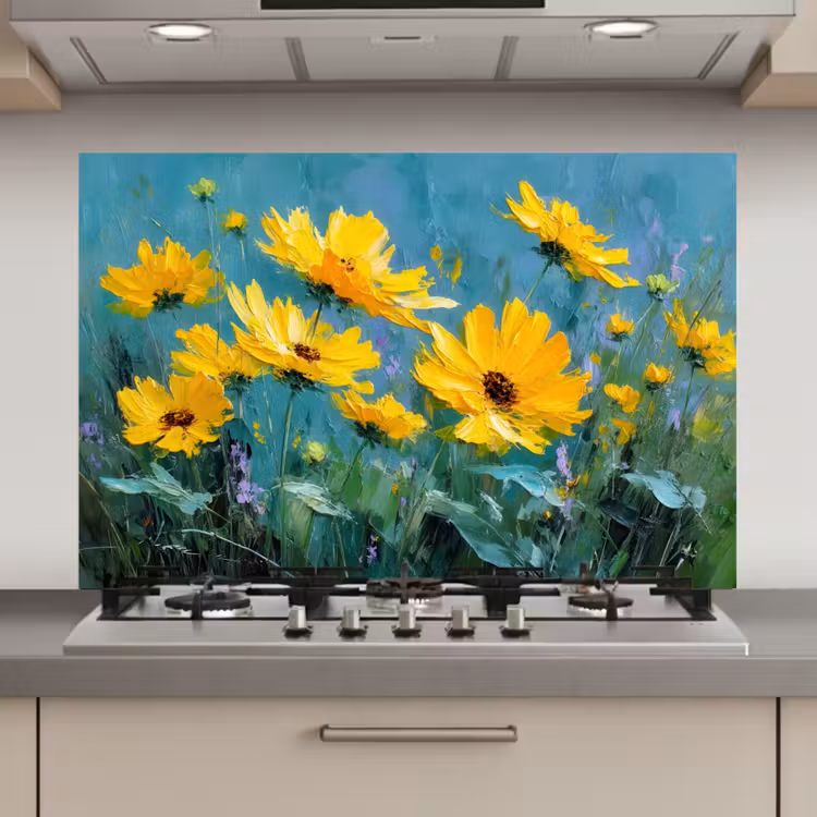 Spatscherm keuken - Penseelstreken - Bloemen - Felgeel - Abstract — 1