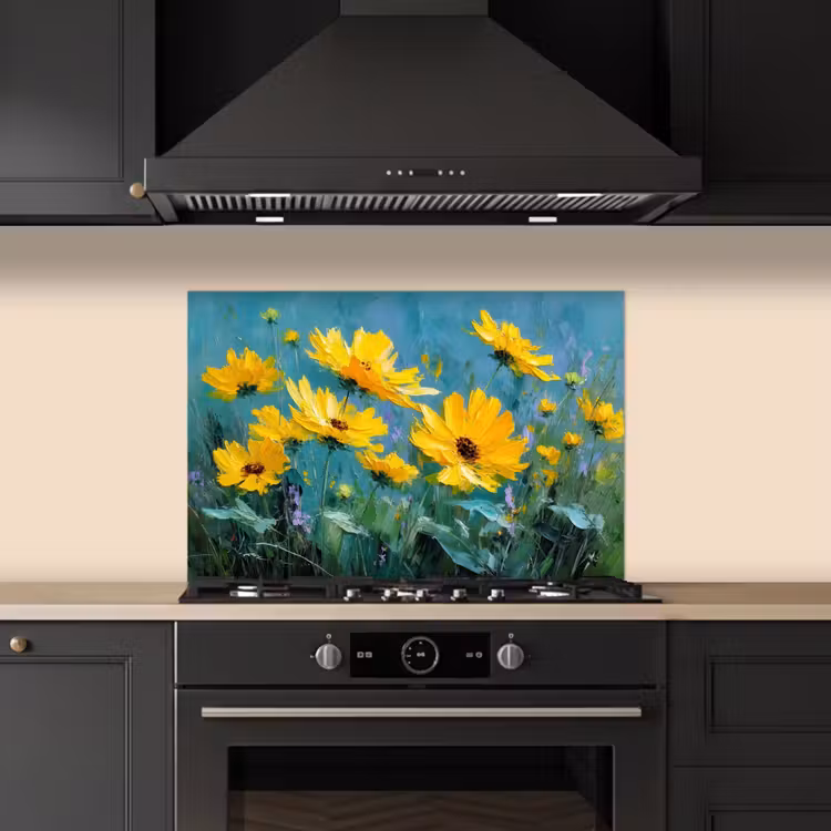 Spatscherm keuken - Penseelstreken - Bloemen - Felgeel - Abstract — 2