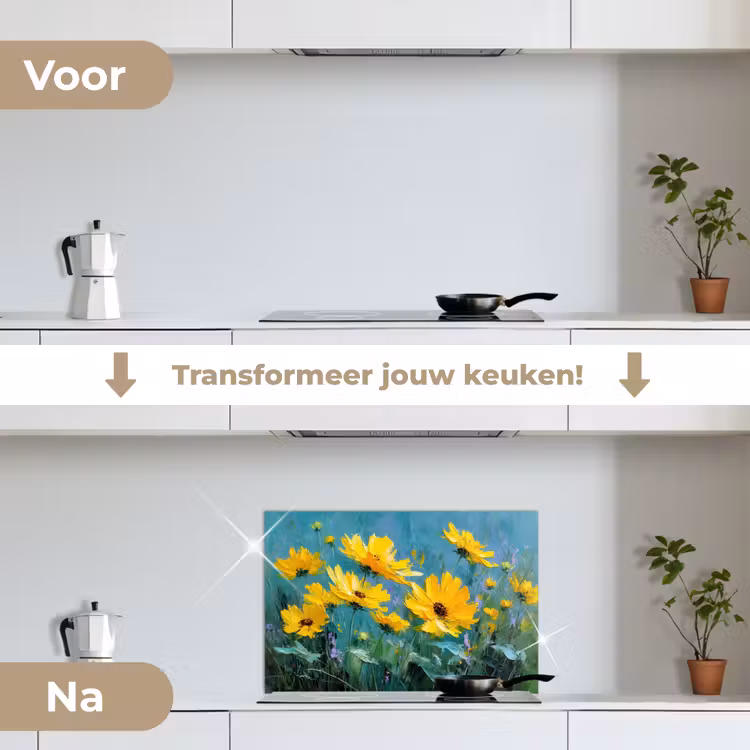 Spatscherm keuken - Penseelstreken - Bloemen - Felgeel - Abstract — 3