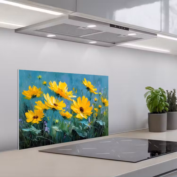 Spatscherm keuken - Penseelstreken - Bloemen - Felgeel - Abstract — 5