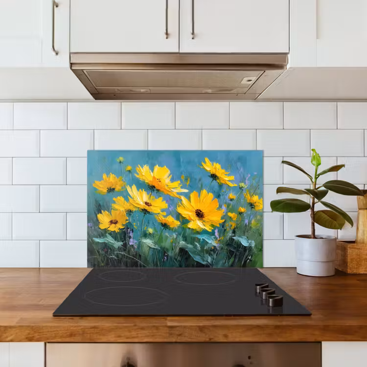 Spatscherm keuken - Penseelstreken - Bloemen - Felgeel - Abstract — 6