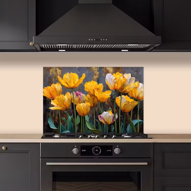 Spatscherm keuken - Tulpen - Geel - Penseelstreken - Abstract — 2