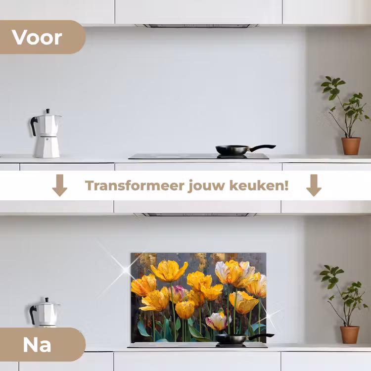 Spatscherm keuken - Tulpen - Geel - Penseelstreken - Abstract — 3