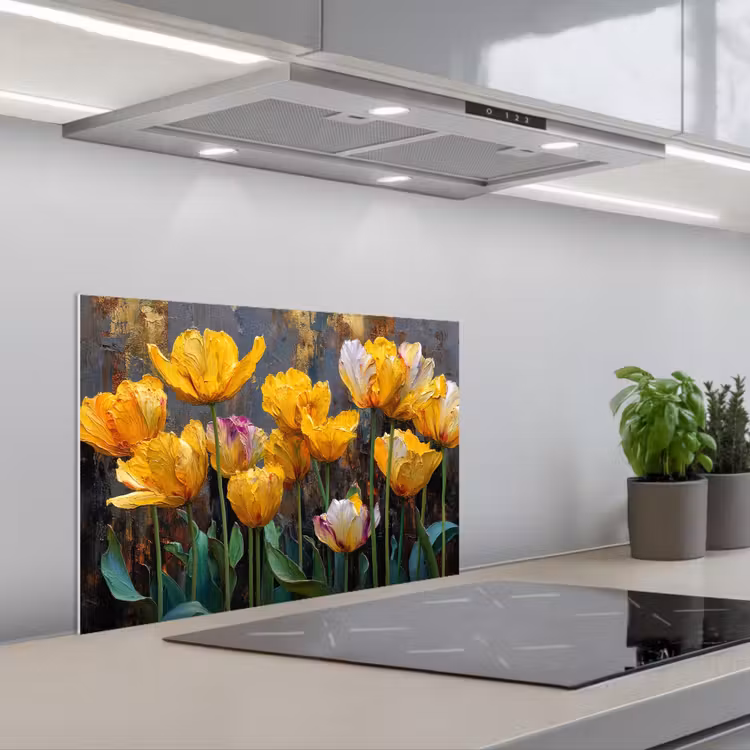 Spatscherm keuken - Tulpen - Geel - Penseelstreken - Abstract — 5