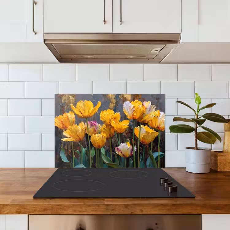 Spatscherm keuken - Tulpen - Geel - Penseelstreken - Abstract — 6