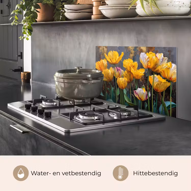 Spatscherm keuken - Tulpen - Geel - Penseelstreken - Abstract — 7