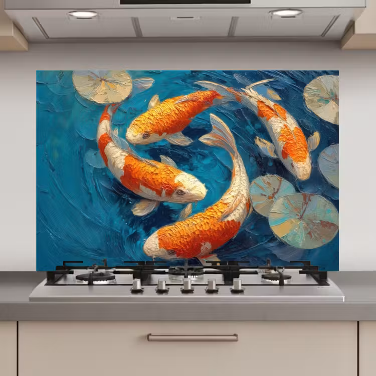 Spatscherm keuken - Vissen - Waterlelies - Oranje - Water — 1