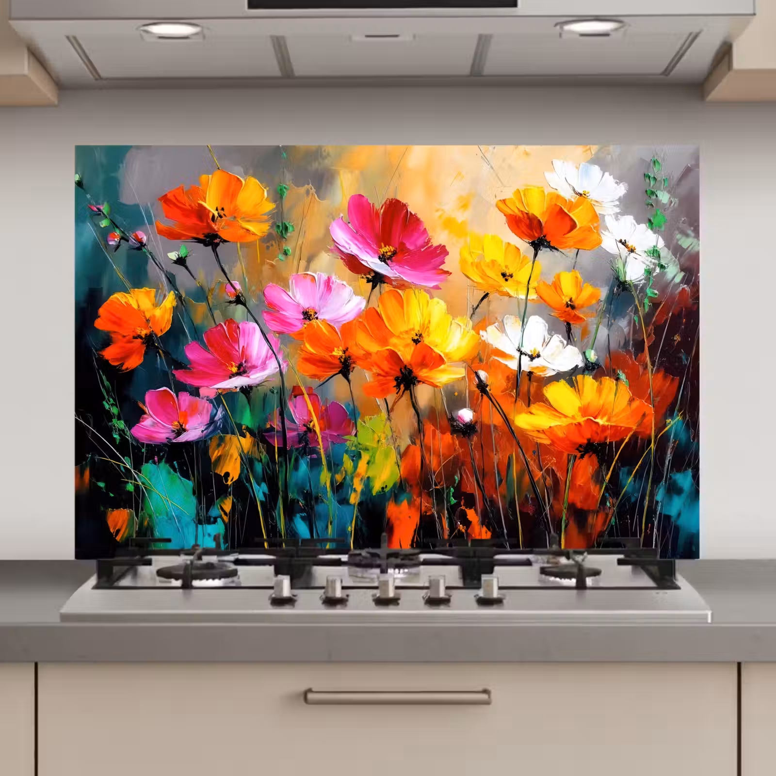 Spatscherm keuken - Felgekleurd - Bloemblaadjes - Abstract — 1