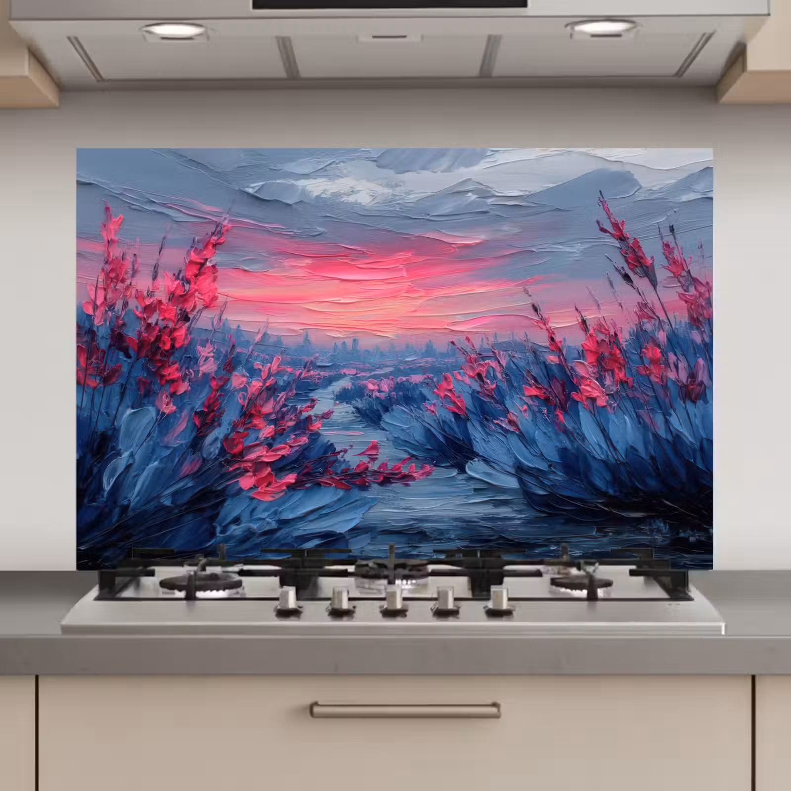Spatscherm keuken - Schilderij - Zonsondergang - Bloemen - Rivier — 1