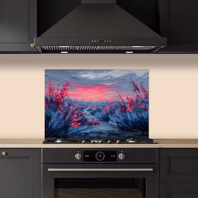 Spatscherm keuken - Schilderij - Zonsondergang - Bloemen - Rivier — 2
