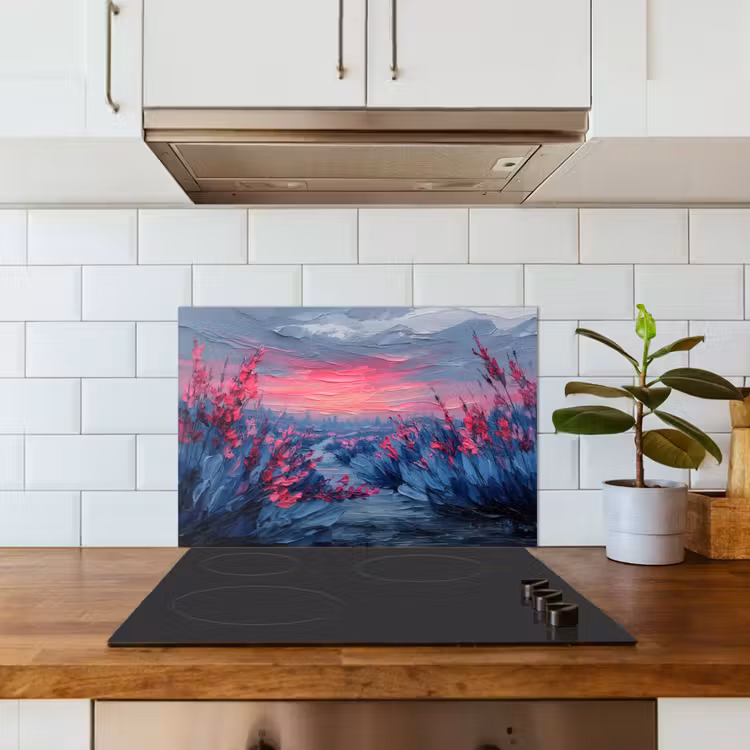 Spatscherm keuken - Schilderij - Zonsondergang - Bloemen - Rivier — 6