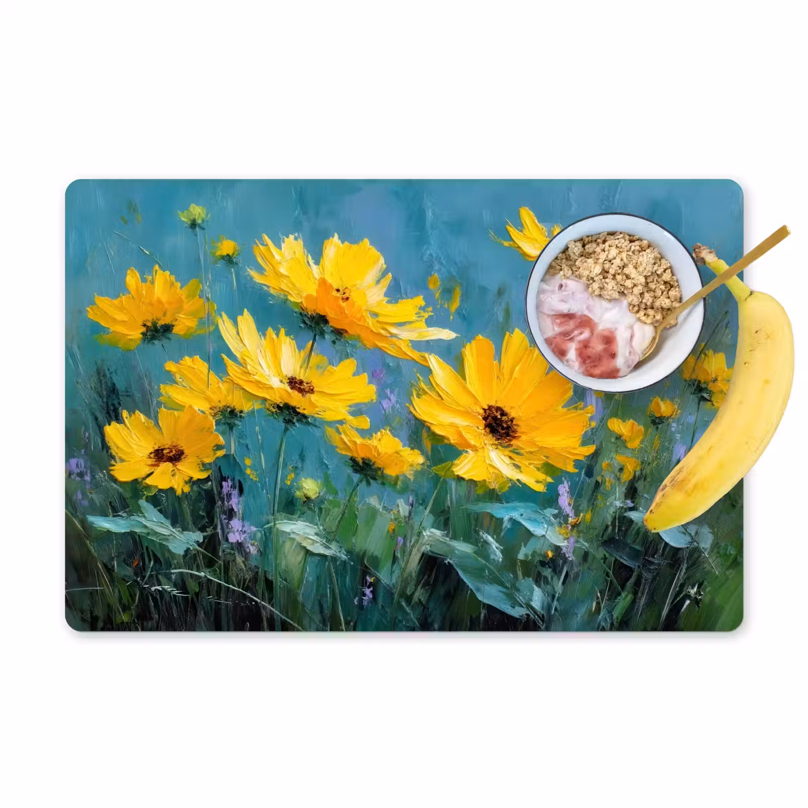 Placemat - 6 stuks - Penseelstreken - Bloemen - Felgeel - Abstract — 1