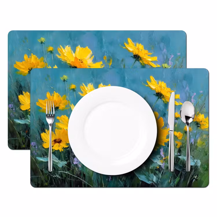 Placemat - 6 stuks - Penseelstreken - Bloemen - Felgeel - Abstract — 2