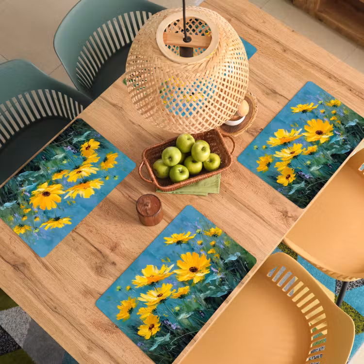 Placemat - 6 stuks - Penseelstreken - Bloemen - Felgeel - Abstract — 6
