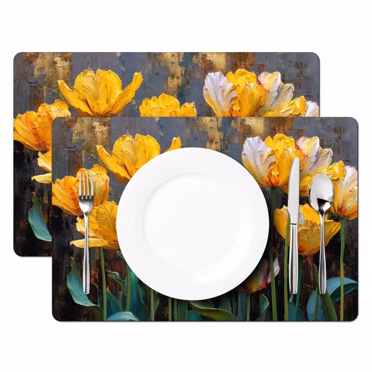 Placemat - 6 stuks - Tulpen - Geel - Penseelstreken - Abstract — 2