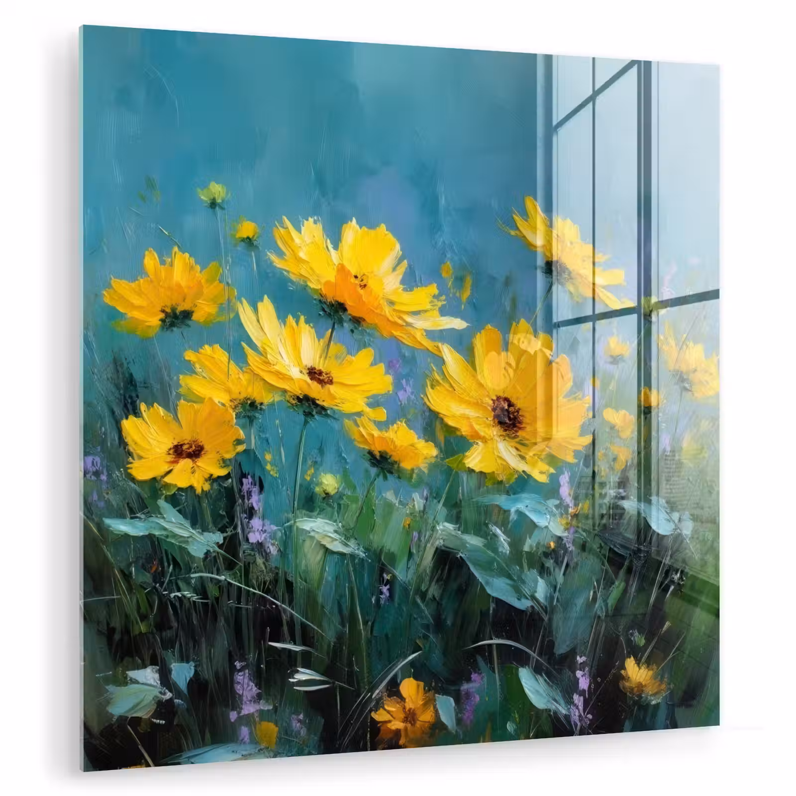 Glas schilderij - Penseelstreken - Bloemen - Felgeel - Abstract — 1