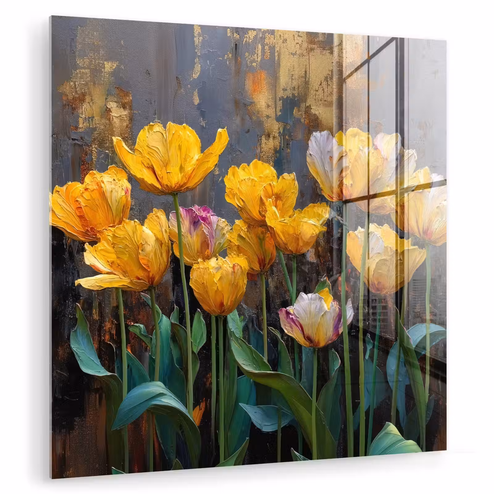Glas schilderij - Tulpen - Geel - Penseelstreken - Abstract — 1