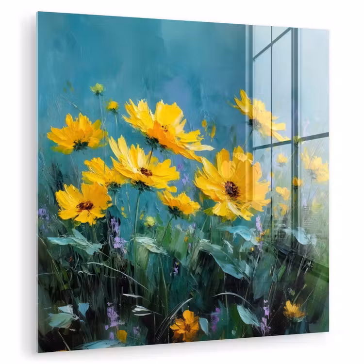 Glas schilderij - Penseelstreken - Bloemen - Felgeel - Abstract — 1