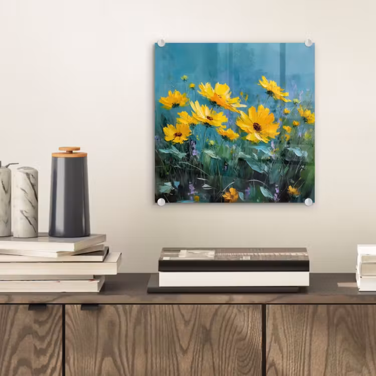 Glas schilderij - Penseelstreken - Bloemen - Felgeel - Abstract — 2