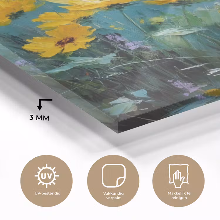 Glas schilderij - Penseelstreken - Bloemen - Felgeel - Abstract — 3
