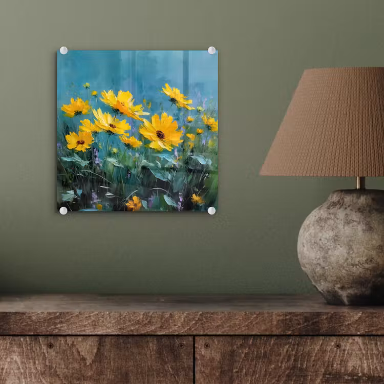 Glas schilderij - Penseelstreken - Bloemen - Felgeel - Abstract — 4