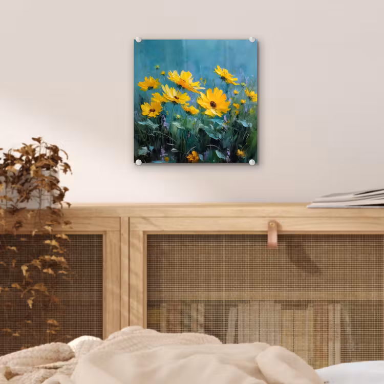 Glas schilderij - Penseelstreken - Bloemen - Felgeel - Abstract — 5