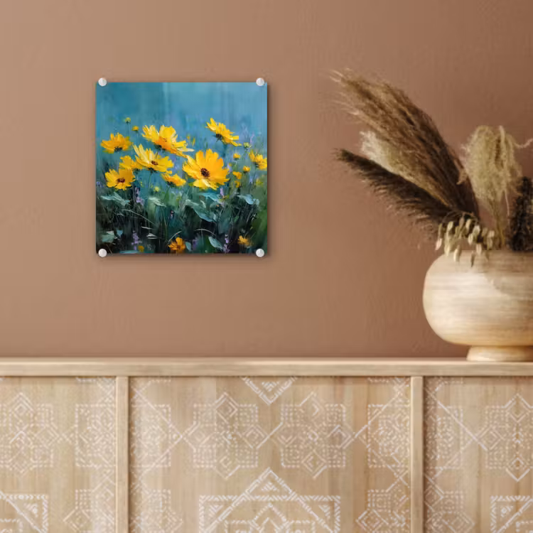 Glas schilderij - Penseelstreken - Bloemen - Felgeel - Abstract — 6