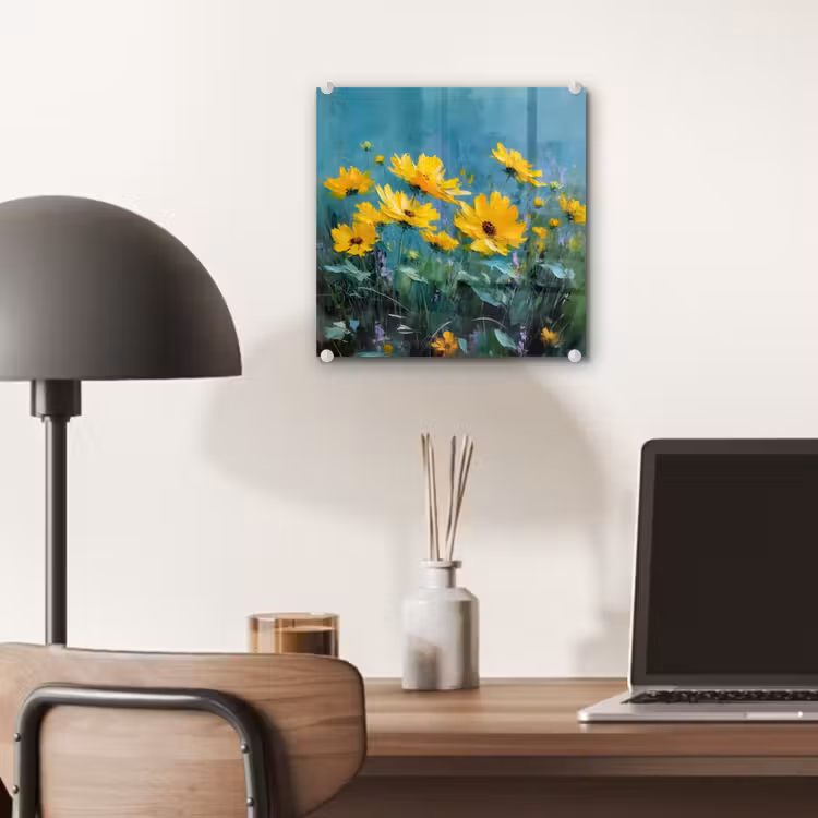 Glas schilderij - Penseelstreken - Bloemen - Felgeel - Abstract — 7