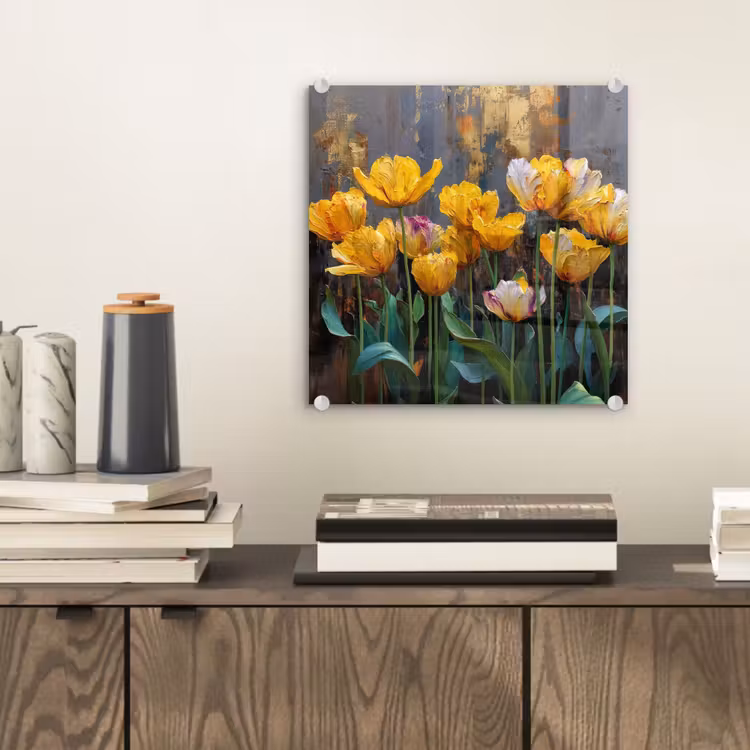 Glas schilderij - Tulpen - Geel - Penseelstreken - Abstract — 2