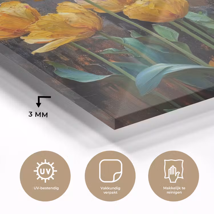 Glas schilderij - Tulpen - Geel - Penseelstreken - Abstract — 3