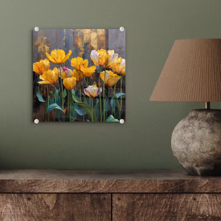 Glas schilderij - Tulpen - Geel - Penseelstreken - Abstract — 4
