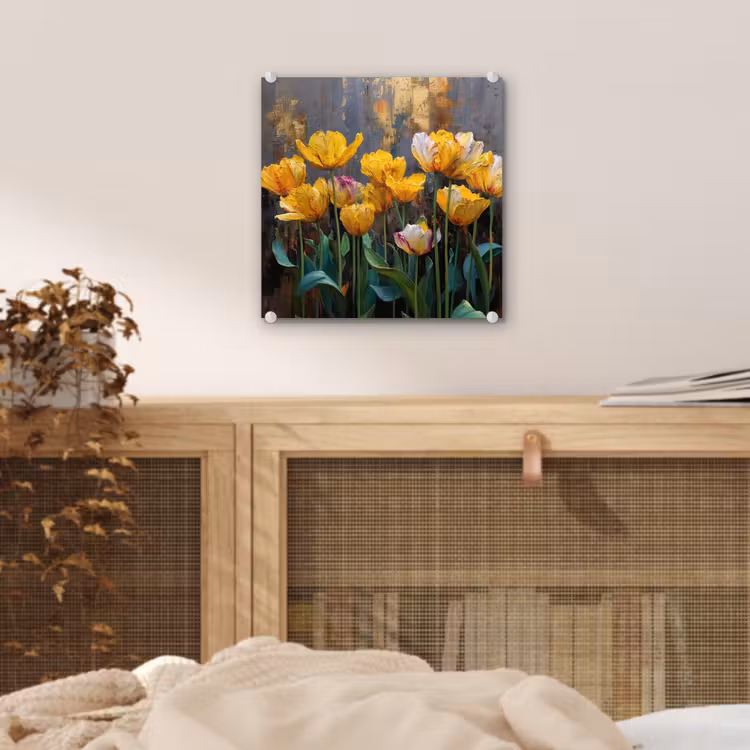 Glas schilderij - Tulpen - Geel - Penseelstreken - Abstract — 5