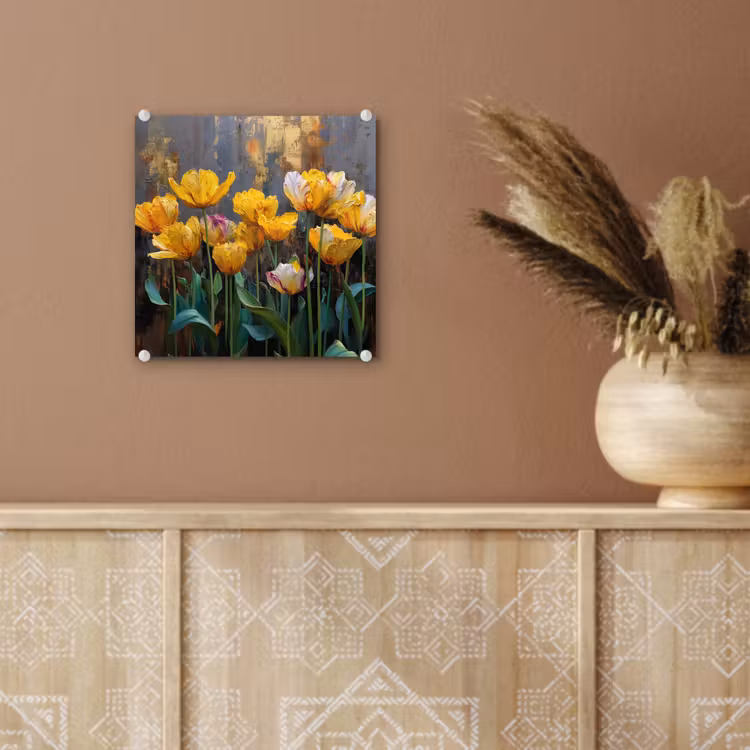 Glas schilderij - Tulpen - Geel - Penseelstreken - Abstract — 6