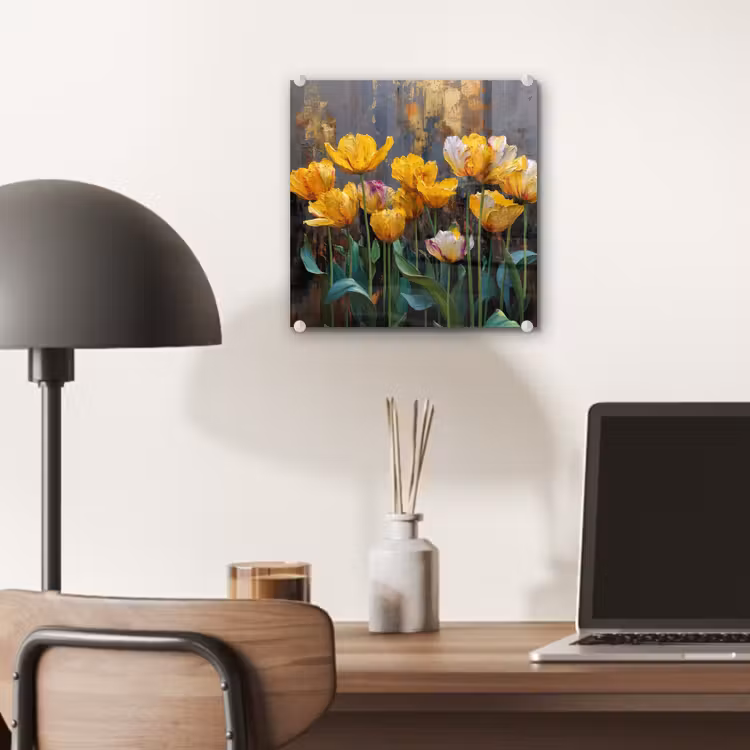 Glas schilderij - Tulpen - Geel - Penseelstreken - Abstract — 7