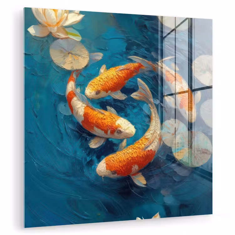 Glas schilderij - Vissen - Waterlelies - Oranje - Water — 1