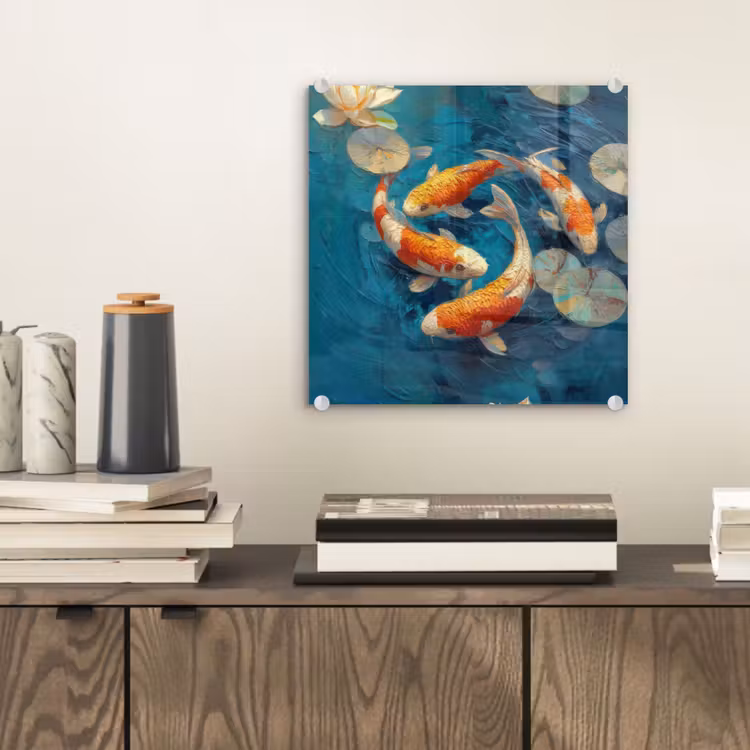 Glas schilderij - Vissen - Waterlelies - Oranje - Water — 2