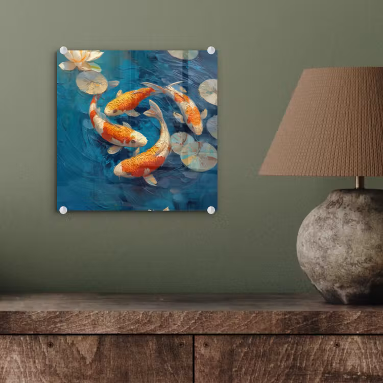 Glas schilderij - Vissen - Waterlelies - Oranje - Water — 4