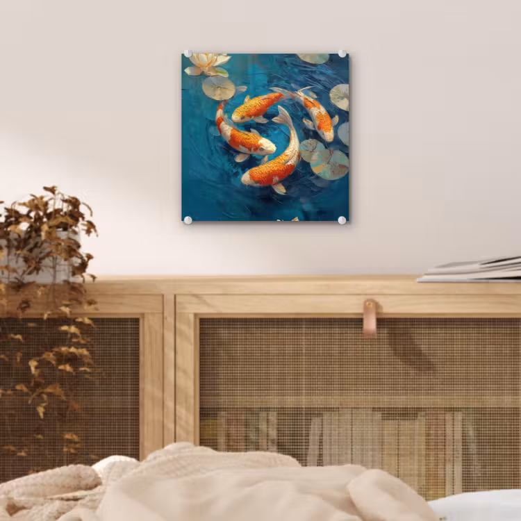 Glas schilderij - Vissen - Waterlelies - Oranje - Water — 5