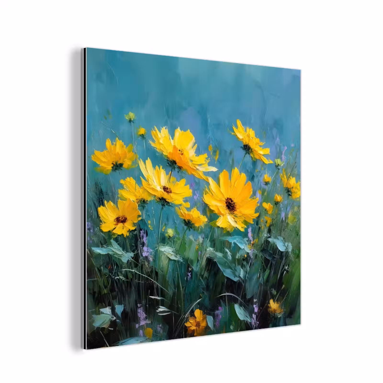 Aluminium schilderij - Penseelstreken - Bloemen - Felgeel - Abstract — 1